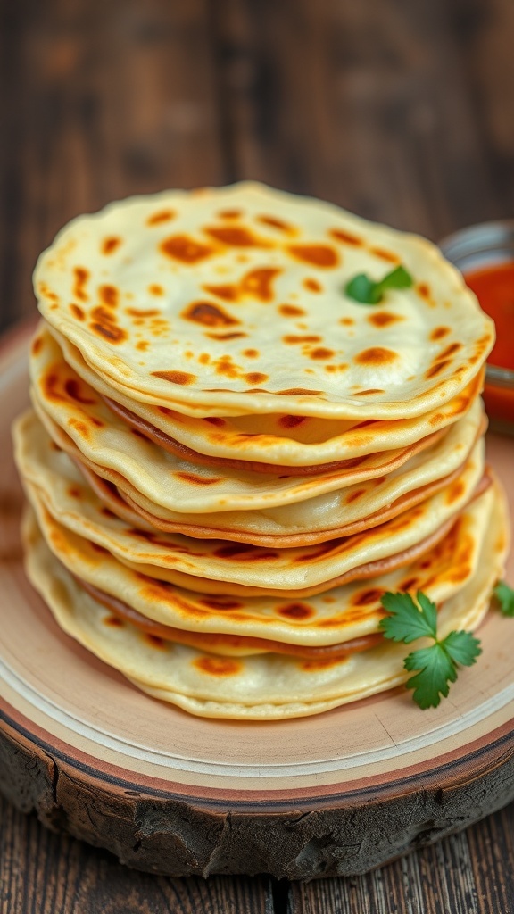 Homemade jack cheese tortillas stacked on a wooden board with salsa and cilantro.